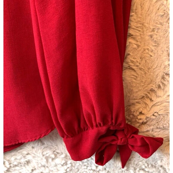 Estelle Blouse Womens L Casual  V-Neck Tie‎ Cuff Long Sleeve Round Hem Top Red - Picture 5 of 11